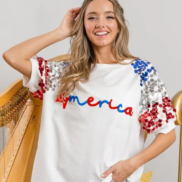 BiBi America Letter Applique Spangle Puff Sleeves Top - Picture 1 of 16